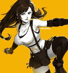 Rule 34 | 1girl, bare shoulders, black thighhighs, breasts, cleavage, collarbone, crop top, detached sleeves, earrings, elbow gloves, fighting stance, final fantasy, final fantasy vii, final fantasy vii remake, fingerless gloves, floating hair, gloves, highres, jewelry, long hair, looking at viewer, miniskirt, miss faves, skirt, smile, solo, standing, standing on one leg, suspender skirt, suspenders, thighhighs, tifa lockhart, yellow background