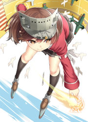 Rule 34 | 10s, 1girl, aircraft, airplane, bent over, brown eyes, brown hair, from above, highres, japanese clothes, kantai collection, kariginu, kase daiki, pleated skirt, ryuujou (kancolle), scroll, shikigami, skirt, smile, solo, twintails