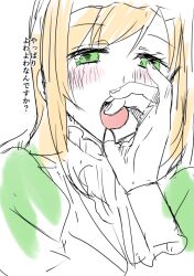 Rule 34 | 1girl, blonde hair, clarissa snowflake, fellatio gesture, green eyes, japanese text, long hair, looking at viewer, open mouth, oral invitation, sakura taisen, sega, sexually suggestive, solo, tongue, tongue out, translation request