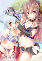 Rule 34 | 1other, 2girls, absurdres, adapted costume, animal, animal on head, bikini, bikini skirt, black gloves, blue bikini, blue hair, breasts, brown eyes, cleavage, cowboy shot, double bun, gloves, hair bun, hair ornament, highres, inflatable armbands, innertube, johnston (kancolle), kantai collection, leaf, light brown hair, little blue whale (kancolle), long hair, medium breasts, moeufocatcher, multiple girls, on head, open mouth, samuel b. roberts (kancolle), short hair, single glove, star (symbol), star hair ornament, striped bikini, striped clothes, swim ring, swimsuit, teeth, two side up, upper teeth only, whale, yellow eyes