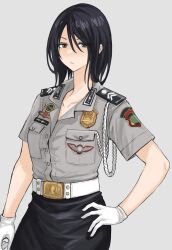 Rule 34 | 1girl, absurdres, belt, black eyes, black hair, black skirt, closed mouth, collarbone, commentary request, fuku (fuku12290574), gloves, grey shirt, hand on own hip, highres, indonesia, indonesian national police, looking at viewer, medium hair, name tag, original, police, police badge, police uniform, policewoman, shirt, skirt, solo, uniform, upper body, v-shaped eyebrows, white background, white belt, white gloves
