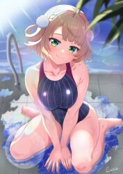 Rule 34 | 1girl, absurdres, between legs, blush, breasts, breasts squeezed together, competition swimsuit, covered navel, curio (curiofinity), green eyes, hair ornament, hair rings, hand between legs, highleg, highres, indie virtual youtuber, large breasts, light brown hair, light reflection (water), looking at viewer, medium hair, multicolored clothes, multicolored swimsuit, one-piece swimsuit, pom pom (clothes), pom pom hair ornament, pool, poolside, shigure ui (vtuber), sitting, smile, solo, swimsuit, wariza, wet, wet clothes, wet swimsuit