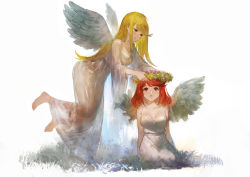 Rule 34 | 2girls, angel wings, barefoot, blonde hair, breasts, commentary, daible, dress, english commentary, feathered wings, flower wreath, flying, full body, grass, highres, large breasts, long dress, long hair, looking up, multiple girls, mythra (xenoblade), no panties, outdoors, pyra (xenoblade), red eyes, red hair, see-through, short hair, simple background, smile, white background, white dress, wings, xenoblade chronicles (series), xenoblade chronicles 2, yellow eyes