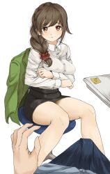 Rule 34 | 1boy, 1girl, arms under breasts, black skirt, blush, braid, brown eyes, brown hair, chair, closed mouth, covered nipples, desk, dot nose, erection, formal, gatsby ssl, green jacket, hair ornament, hair over shoulder, hair scrunchie, highres, idolmaster, idolmaster cinderella girls, idolmaster cinderella girls starlight stage, jacket, long hair, long sleeves, looking at viewer, miniskirt, office chair, on chair, pencil skirt, pov, red scrunchie, scrunchie, senkawa chihiro, shirt, simple background, single braid, skirt, swivel chair, unworn jacket, white background, white shirt