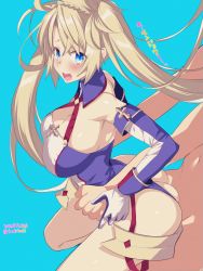 Rule 34 | 1boy, 1girl, armor, ass, bare shoulders, blonde hair, blue background, blue eyes, blue gloves, blue leotard, blush, bradamante (fate), bradamante (first ascension) (fate), braid, breasts, cleavage, clothed female nude male, clothed sex, crown braid, elbow gloves, fate/grand order, fate (series), faulds, gloves, hetero, highleg, highleg leotard, highres, large breasts, leotard, long hair, looking at viewer, nude, open mouth, sex, skindentation, standing, standing sex, tajima yoshikazu, thigh strap, thighs, translation request, twintails, two-tone gloves, two-tone leotard, very long hair, white gloves, white leotard