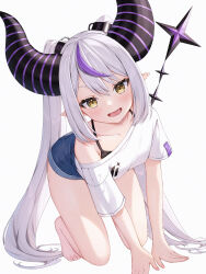 Rule 34 | 1girl, absurdres, all fours, barefoot, commentary request, fangs, grey hair, highres, hololive, horns, la+ darknesss, long hair, looking at viewer, multicolored hair, off shoulder, open mouth, purple hair, runlan 0329, shirt, simple background, solo, streaked hair, striped, striped horns, tail, toes, very long hair, virtual youtuber, white background, white shirt, yellow eyes