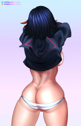 Rule 34 | 1girl, absurdres, ass, black hair, breasts, butt crack, derivative work, from behind, highres, indoors, kill la kill, lixsium, matoi ryuuko, md5 mismatch, meme, multicolored hair, panties, red hair, resolution mismatch, ryuko redraw (meme), screenshot redraw, self-upload, shirt, short hair, solo, source smaller, standing, streaked hair, striped clothes, striped panties, underwear, undressing