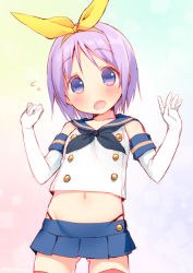 Rule 34 | 00s, 10s, 1girl, blush, cosplay, crossover, elbow gloves, flying sweatdrops, gloves, gradient background, hair ornament, hairband, hiiragi tsukasa, kantai collection, lucky star, navel, open mouth, patterned legwear, pleated skirt, purple eyes, purple hair, red stripes, school uniform, serafuku, shimakaze (kancolle), shimakaze (kancolle) (cosplay), short hair, simple background, sketch, skirt, solo, sweat, thighhighs, two-tone stripes, usashiro mani, white gloves, white stripes, zettai ryouiki