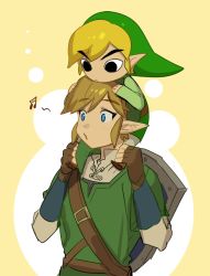 Rule 34 | 2boys, bad id, bad twitter id, black eyes, blonde hair, blue eyes, carrying, charcoalo, dual persona, gloves, hat, link, multiple boys, musical note, nintendo, pointy ears, shield, shield on back, shoulder carry, the legend of zelda, the legend of zelda: skyward sword, the legend of zelda: the wind waker, toon link, whistling
