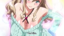 Rule 34 | 10s, 1girl, 2017, animated, ass, audible music, bare shoulders, bent over, blonde hair, blue eyes, blush, breasts, cleavage, covered erect nipples, dress, earrings, fang, hanging breasts, imouto bitch ni shiboraretai, impossible clothes, jewelry, large breasts, leaning forward, long hair, looking at viewer, miina (imouto bitch ni shiboraretai), music, no bra, off-shoulder sweater, off shoulder, open mouth, scrunchie, shirt tug, smile, solo, sound, standing, sweater, sweater dress, t-rex (animation studio), tagme, twintails, video