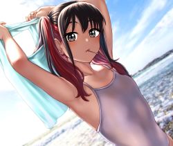 Rule 34 | 1girl, armpits, black eyes, black hair, blurry, candy, cloud, competition school swimsuit, depth of field, food, grey one-piece swimsuit, highres, kobamiso (kobalt), lollipop, mouth hold, multicolored hair, one-piece swimsuit, outdoors, school swimsuit, sky, solo, sono bisque doll wa koi wo suru, sugaya nowa, swimsuit, twintails, two-tone hair, water