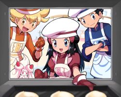 Rule 34 | 1girl, 2boys, :d, alcremie, apron, barry (pokemon), black eyes, black hair, blonde hair, blue jacket, blurry, blurry foreground, brown eyes, closed mouth, commentary request, creatures (company), crossed arms, dawn (palentine&#039;s 2021) (pokemon), dawn (pokemon), game freak, gen 8 pokemon, hat, highres, jacket, long hair, lucas (pokemon), mittens, multiple boys, nintendo, official alternate costume, open mouth, orange jacket, pokemon, pokemon dppt, pokemon masters ex, red jacket, sawarabi (sawarabi725), short sleeves, smile, twitter username, white headwear
