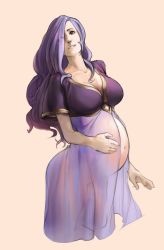 Rule 34 | 1girl, blush, breasts, camilla (fire emblem), fire emblem, fire emblem fates, hair over one eye, hands on own stomach, jeffryhangover, large breasts, long hair, looking at viewer, nintendo, open mouth, pregnant, purple eyes, purple hair, see-through, simple background, sleepwear, smile, solo, upper body, wavy hair