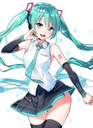 Rule 34 | &gt;:d, 1girl, :d, aqua eyes, aqua hair, bare shoulders, blush, contrapposto, cowboy shot, dated, detached sleeves, hatsune miku, highres, long hair, miniskirt, necktie, open mouth, orihi chihiro, pleated skirt, skirt, smile, solo, standing, tattoo, thighhighs, twintails, v-shaped eyebrows, very long hair, vocaloid, white background, zettai ryouiki