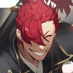 Rule 34 | 1boy, close-up, fate (series), hair over one eye, highres, japanese clothes, kimono, koha-ace, long hair, long sleeves, male focus, mori nagayoshi (fate), no-kan, open mouth, ponytail, red hair, sharp teeth, shirt, smile, solo, teeth, upper body, weapon