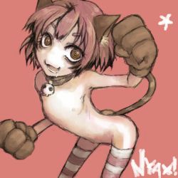 Rule 34 | animal ears, bad id, bad pixiv id, collar, crazy eyes, flat chest, futaba channel, kemonomimi mode, lowres, maid, nijiura maids, nude, skull, smile, solo, striped clothes, striped thighhighs, tail, thighhighs, yakui