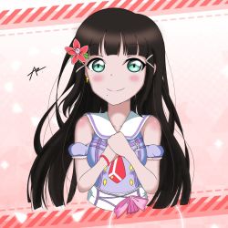 Rule 34 | 1girl, anchor symbol, aqua eyes, artist name, artist request, bare shoulders, black hair, blunt bangs, blush, bow, bracelet, breasts, collared shirt, cross-laced clothes, cross-laced dress, dress, earrings, female focus, flower, green eyes, hair flower, hair ornament, hairclip, highres, jewelry, kimi no kokoro wa kagayaiteru kai?, kurosawa dia, long hair, looking at viewer, love live!, love live! sunshine!!, medium breasts, mole, mole under mouth, necktie, own hands together, parted lips, pearl bracelet, puffy short sleeves, puffy sleeves, purple dress, red bow, red flower, red necktie, shirt, short sleeves, smile, solo, star (symbol), star earrings, taida-chan, upper body