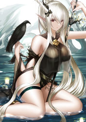 Rule 34 | 1girl, absurdres, an yasuri, animal, arknights, arm up, bare legs, bare shoulders, bird, black leotard, breasts, crow, hair between eyes, highres, holding, holding sword, holding weapon, horns, large breasts, leotard, long hair, looking at viewer, parted lips, pointy ears, red eyes, shining (arknights), sidelocks, sitting, solo, sword, thigh strap, thighs, very long hair, water, weapon, white hair