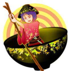 Rule 34 | 1girl, blush, bowl, bowl hat, concentric circles, grass, hat, holding, in bowl, in container, japanese clothes, justin hsu, kimono, leaf, mini person, minigirl, needle, obi, open mouth, patterned, purple eyes, purple hair, round image, rowing, sash, short hair, simple background, solo, sukuna shinmyoumaru, touhou, twig