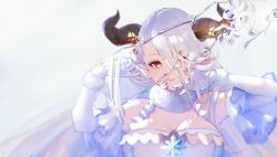 Rule 34 | 1girl, bare shoulders, blue hair, blush, breasts, draph, elbow gloves, flower, fur trim, gloves, granblue fantasy, hair between eyes, hair flower, hair ornament, horns, izmir, large breasts, light smile, lips, long hair, looking at viewer, mole, mole under mouth, nido celisius, pink lips, pointy ears, red eyes, solo, upper body, very long hair, white gloves