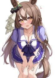 Rule 34 | 1girl, animal ears, blush, bow, bowtie, braid, breasts, brown hair, cleavage, collarbone, commentary request, diamond (shape), ear ornament, french braid, frilled skirt, frills, hair between eyes, hands on own knees, heart, highres, horse ears, horse girl, horse tail, kibihimi, large breasts, leaning forward, long hair, looking at viewer, open mouth, orange eyes, pleated skirt, puffy short sleeves, puffy sleeves, purple bow, purple bowtie, purple shirt, sailor collar, satono diamond (umamusume), school uniform, shirt, short sleeves, simple background, skirt, smile, solo, tail, tracen school uniform, umamusume, upper body, white background, white hair, white sailor collar, white skirt