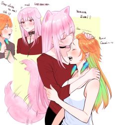 Rule 34 | 2girls, animal ears, blush, collar, dog ears, earrings, english text, feather earrings, feathers, gradient hair, highres, hololive, hololive english, jewelry, kiss, kissing forehead, leash, long hair, miyamoto (dominocube6), mori calliope, multicolored hair, multiple girls, open mouth, orange hair, pink eyes, pink hair, purple eyes, smile, tail, tail wagging, takanashi kiara, virtual youtuber, yuri