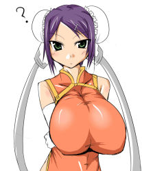 Rule 34 | 1girl, ?, aq interactive, arcana heart, atlus, breast hold, breasts, bun cover, china dress, chinese clothes, double bun, dress, elbow gloves, examu, gloves, green eyes, hiya (dkr), huge breasts, long hair, mei-fang, purple hair, solo, twintails