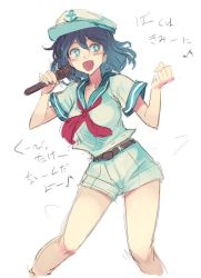 Rule 34 | 1girl, :d, anchor symbol, aqua eyes, belt, black hair, blush, clenched hand, commentary request, cowboy shot, hair between eyes, hat, microphone, murasa minamitsu, music, musical note, neckerchief, open mouth, quaver, red neckerchief, sailor, sailor hat, shirt, short sleeves, shorts, singing, sketch, smile, solo, terrajin, touhou, translation request, white background, white shirt, white shorts