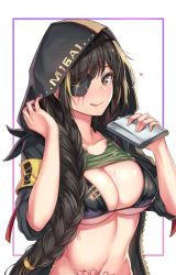 Rule 34 | 1girl, alcohol, armband, bikini, black bikini, black hair, blonde hair, blush, braid, breasts, cenangam, character name, clothes lift, eyepatch, flask, girls&#039; frontline, hand up, holding, holding flask, hood, hood up, hooded jacket, jacket, large breasts, licking lips, long hair, looking at viewer, m16a1 (girls&#039; frontline), mole, mole on breast, mole under eye, multicolored hair, navel, outside border, pouring, scar, scar across eye, scar on face, scarf, shirt lift, single braid, smile, stomach, streaked hair, swimsuit, tattoo, toned, tongue, tongue out, unzipped, upper body