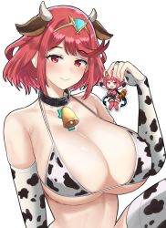 Rule 34 | 1girl, animal print, bikini, black gloves, breasts, chest jewel, cow print, desspie, earrings, fingerless gloves, gem, gloves, headpiece, highres, jewelry, large breasts, pyra (xenoblade), red eyes, red hair, red shorts, short hair, short shorts, shorts, solo, swept bangs, swimsuit, tiara, white background, xenoblade chronicles (series), xenoblade chronicles 2
