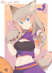 Rule 34 | 1girl, :o, absurdres, animal collar, animal ears, animal hands, bat (animal), blue eyes, breasts, cleavage, cleavage cutout, clothing cutout, collar, commentary, girls und panzer, gloves, halloween, halloween costume, highres, itsumi erika, jack-o&#039;-lantern, looking at viewer, medium breasts, medium hair, midriff, miluke, navel, one-hour drawing challenge, open mouth, outline, outside border, paw gloves, purple shirt, purple skirt, shirt, silver hair, skirt, sleeveless, sleeveless shirt, solo, standing, tail, twitter username, white outline, wolf ears, wolf tail
