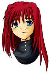 Rule 34 | 00s, 1girl, aozaki aoko, blue eyes, blush, buttons, collar, long hair, looking at viewer, portrait, red hair, simple background, smile, solo, tsukihime, white background, yae shiragi