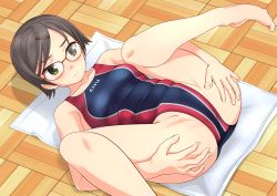 Rule 34 | 1girl, barefoot, black one-piece swimsuit, brown hair, competition swimsuit, green eyes, hair ornament, hairclip, highres, legs up, lying, one-piece swimsuit, original, red-framed eyewear, short hair, solo, spread legs, swimsuit, takafumi, two-tone swimsuit, wooden floor