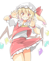 Rule 34 | 1girl, arnest, ascot, blonde hair, bright pupils, cowboy shot, crystal, flandre scarlet, grin, hat, hat ribbon, highres, looking at viewer, mob cap, puffy short sleeves, puffy sleeves, red eyes, red ribbon, red skirt, red vest, ribbon, shirt, short sleeves, side ponytail, simple background, skirt, smile, solo, standing, touhou, vest, white background, white hat, white pupils, white shirt, wings, wrist cuffs, yellow ascot