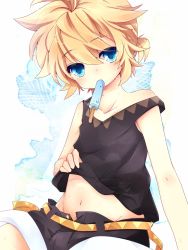 Rule 34 | 1boy, androgynous, bad id, bad pixiv id, blonde hair, blue eyes, clothes lift, food, highres, kagamine len, leeannpippisum, looking at viewer, male focus, mouth hold, navel, popsicle, shirt lift, short hair, shorts, sitting, solo, trap, unzipped, vocaloid
