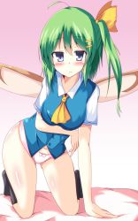 Rule 34 | 1girl, ahoge, ascot, blue eyes, blush, bow, bow panties, breast lift, breasts, daiyousei, fairy wings, gradient background, green hair, hair ornament, hair ribbon, hairclip, highres, kneeling, large breasts, looking at viewer, naba (take tonbo), navel, no pants, panties, pink background, pink panties, ribbon, shirt, short sleeves, side ponytail, smile, solo, touhou, underwear, vest, wings
