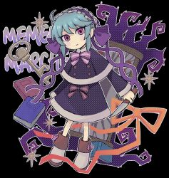 Rule 34 | blue hair, book, dress, hair ribbon, holding, holding knife, key, knife, looking at viewer, memento marchen, multicolored hair, painting (object), pink eyes, purple dress, ribbon, rusha (memento marchen), serious, short hair, sparkle, wakaba