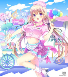 Rule 34 | 1girl, :d, amusement park, bad id, bad pixiv id, balloon, beret, blonde hair, candy, cherry earrings, clothes writing, cotton candy, earrings, english text, food, food-themed earrings, food themed earrings, frilled skirt, frills, hat, index finger raised, jewelry, lollipop, long hair, looking at viewer, low twintails, midriff, miniskirt, open mouth, original, outstretched arm, purple eyes, roller skates, satou satoru, shikishi, skates, skirt, smile, solo, standing, standing on one leg, twintails, very long hair, waitress