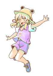 Rule 34 | 1girl, :d, adapted costume, animal print, arms up, bare arms, bare legs, blonde hair, blush, commentary request, flat chest, frog print, full body, happy, hat, long hair, looking at viewer, moriya suwako, open mouth, petite, purple vest, rangycrow, shorts, simple background, smile, solo, touhou, vest, white background, | |
