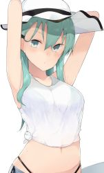 Rule 34 | 10s, 1girl, alternate costume, aqua eyes, aqua hair, arms behind head, bad id, bad twitter id, breasts, cleavage, cole (coleltu), hair between eyes, hat, highres, kantai collection, large breasts, long hair, looking at viewer, midriff, navel, pouty lips, shirt, sleeveless, sleeveless shirt, solo, sun hat, suzuya (kancolle), tied shirt, white shirt