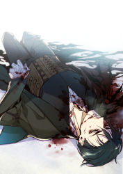 Rule 34 | 1boy, amputee, black hair, blood, blue hair, cape, corset, fate/grand order, fate (series), gloves, hair slicked back, hermithessa, highres, injury, lying, messy hair, missing limb, on back, pool of blood, sherlock holmes (fate), solo, white gloves