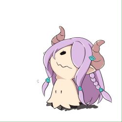 Rule 34 | arashiki mamizu, commentary request, cosplay, creatures (company), crossover, game freak, gen 7 pokemon, granblue fantasy, hair ornament, horns, long hair, mimikyu, narmaya (granblue fantasy), narumeia (granblue fantasy) (cosplay), nintendo, no humans, pokemon, pokemon (creature), purple hair, simple background, solo, white background