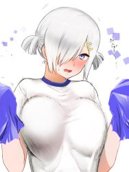 Rule 34 | 10s, 1girl, bad id, bad twitter id, blush, bouncing breasts, breasts, cheerleader, gym uniform, hair ornament, hair over one eye, hairclip, hamakaze (kancolle), hinya (wabi), kantai collection, large breasts, looking at viewer, open mouth, pom pom (cheerleading), short twintails, solo, sweatdrop, twintails