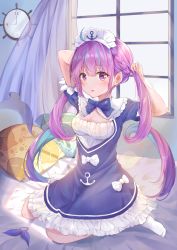 Rule 34 | 1girl, absurdres, adjusting hair, ahoge, anchor symbol, arm behind head, bed, bedroom, blue bow, blue hair, blue neckwear, bow, braid, breasts, cleavage, clock, colored inner hair, curtains, dress, hair between eyes, highres, hololive, kneeling, long hair, looking at viewer, maid, maid headdress, medium breasts, minato aqua, minato aqua (1st costume), multicolored hair, nayuuchan, open mouth, pillow, purple eyes, purple hair, sitting, solo, thighhighs, twintails, two-tone hair, virtual youtuber, wariza, white bow, white thighhighs, window