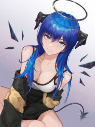 Rule 34 | 1girl, absurdres, arknights, bare shoulders, black halo, black jacket, black wings, blue eyes, blue hair, breasts, cleavage, collarbone, dark halo, demon horns, demon tail, detached wings, dutch angle, energy wings, halo, highres, horns, jacket, lifyter, looking at viewer, mostima (arknights), off shoulder, sitting, smile, solo, sports bra, tail, white sports bra, wings