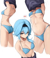 Rule 34 | 1girl, absurdres, armpits, arms up, ass, asymmetrical hair, bare shoulders, bikini, black hairband, black shirt, blue bikini, blue hair, breasts, butt crack, cleavage, collarbone, commentary request, doroti., eula (genshin impact), facing to the side, facing viewer, genshin impact, hairband, highres, long hair, medium breasts, multiple views, purple eyes, shirt, simple background, speech bubble, swimsuit, thighs, underboob, undressing, v-shaped eyebrows, white background