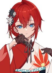 1girl ange_katrina ange_katrina_(new_year) blue_eyes braid flower gloves hair_between_eyes hair_flower hair_ornament haruwo highres japanese_clothes kimono lace lace_gloves looking_at_viewer nijisanji obi red_hair red_kimono sash short_hair simple_background solo upper_body virtual_youtuber white_background white_kimono