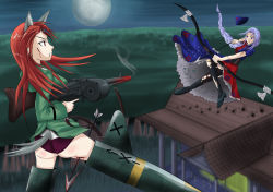 Rule 34 | &gt;:(, 2girls, arrow (projectile), bleeding, blood, crossover, flying, gun, jatts, minna-dietlinde wilcke, moon, multiple girls, night, outdoors, strike witches, tagme, touhou, weapon, world witches series, yagokoro eirin