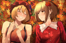 Rule 34 | 2girls, absurdres, aki minoriko, aki shizuha, apron, blonde hair, breasts, buttons, closed eyes, closed mouth, collared shirt, fruit hat ornament, grape hat ornament, grin, hair ornament, hat, hat ornament, highres, keenii (kenny86), large breasts, leaf, leaf hair ornament, lying, maple leaf, medium breasts, mob cap, multiple girls, on back, red apron, red hat, red shirt, shirt, short hair, siblings, sisters, smile, touhou, yellow eyes, yellow shirt