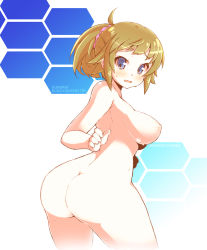 Rule 34 | 10s, 1girl, ass, blue eyes, blush, breasts, brown hair, crazy developers, gundam, gundam build fighters, gundam build fighters try, hoshino fumina, large breasts, looking back, nipples, nude, ponytail, scrunchie, sidelocks, solo